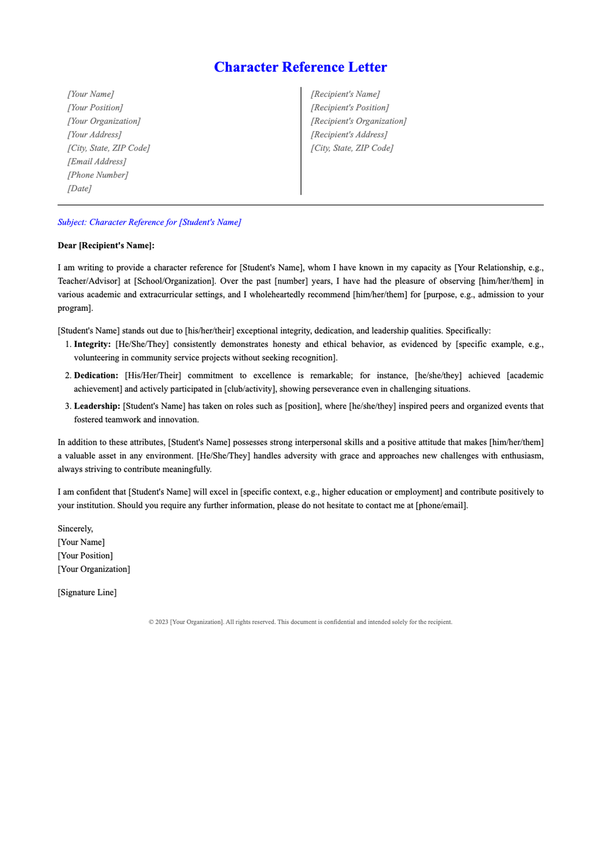 Character reference letter template for student with placeholder fields_variant_1